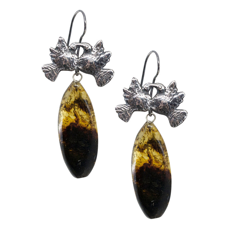 Silver Lovebird Drop Earrings with Amber Pendants
