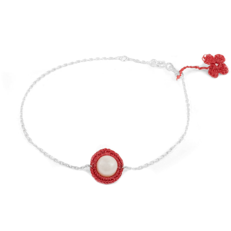 Red Hand Crocheted and Pearl Bracelet by Atelier Godolé