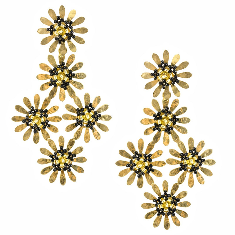 Gold Flower and Black Bead Statement Earrings