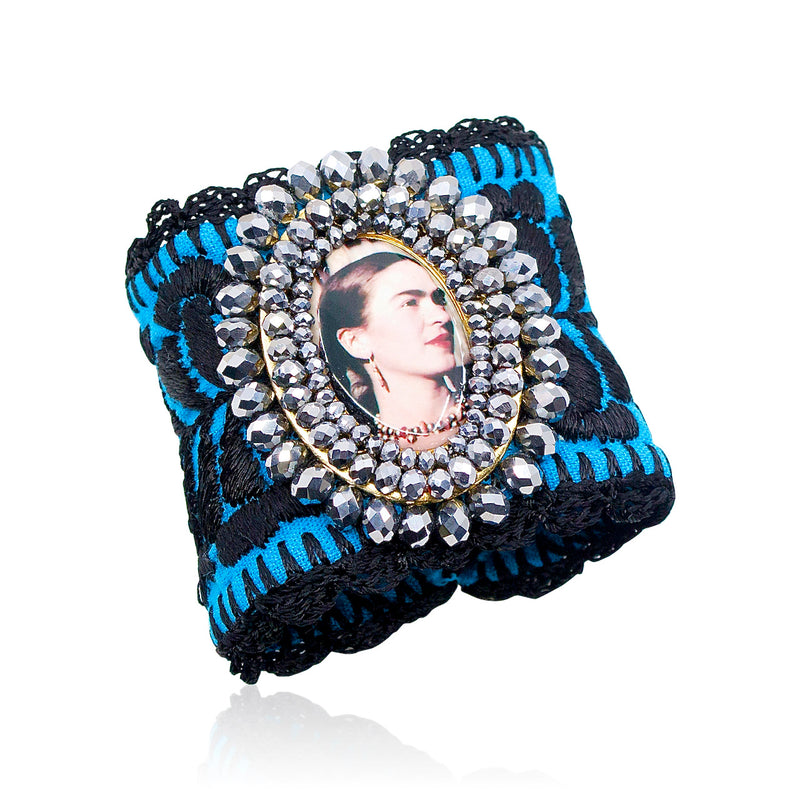 Blue Embroidered Frida Kahlo Image Mexican Cuff Bracelet