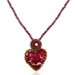 Beautiful Burgundy Embroidered Heart Mexican Drop Necklace
