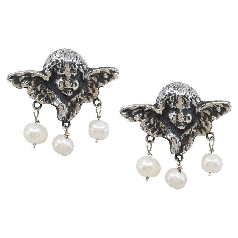 Cherub and Pearl Molded Drop Earrings