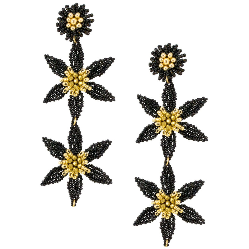 Black and Gold Hand Beaded Flower Chandelier Earrings