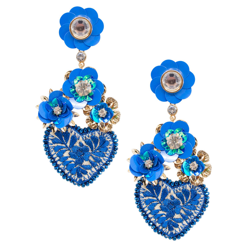 Flower and Blue Embroidered Heart Mexican Earrings