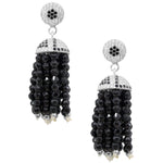 Crystal Inlaid Silver and Onyx Bead Tassel Earrings