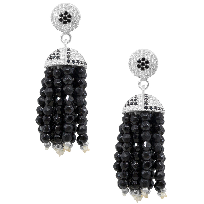 Crystal Inlaid Silver and Onyx Bead Tassel Earrings