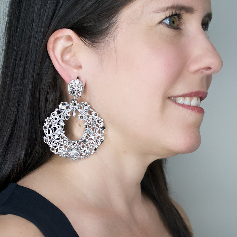 Ornate Silvered Metal Circle Earrings by DUBLOS