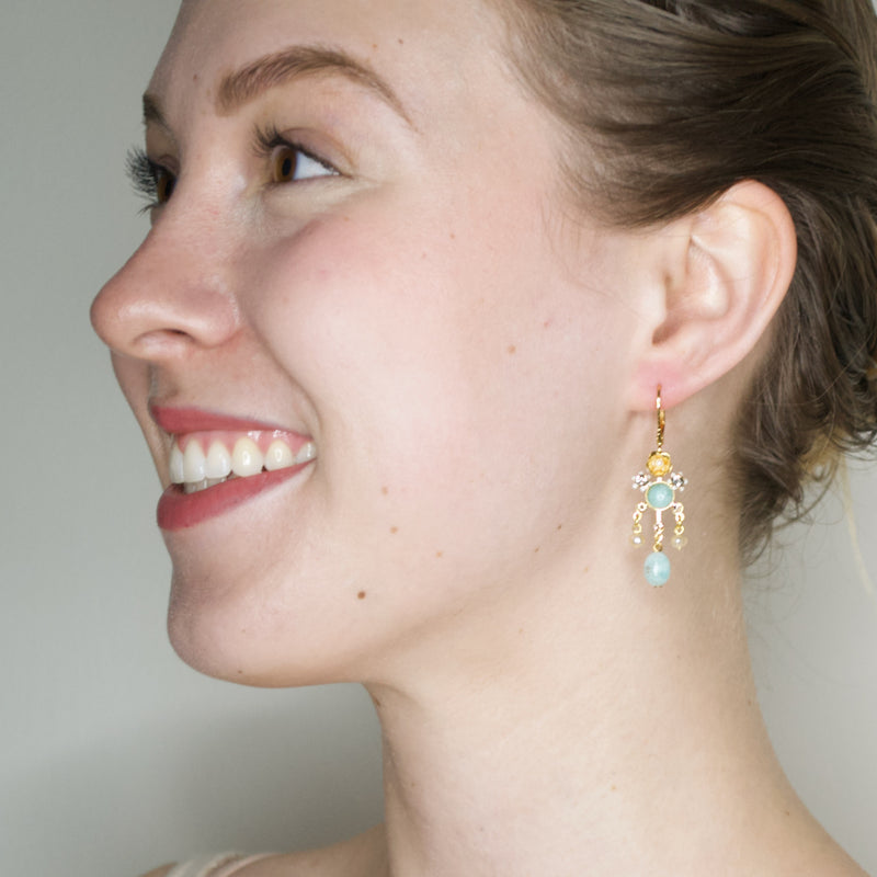 Amazonite and Pearl Flower Drop Earrings by Eric et Lydie