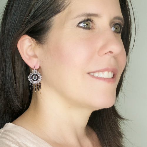 Onyx Silver Filigree Earrings from Oaxaca - Black