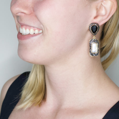 Semi-Precious Onyx and Pearl Drop Earrings