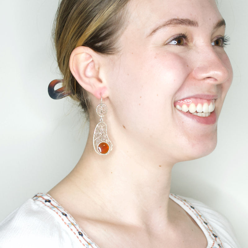 Silver Filigree and Amber Bead Drop Earrings