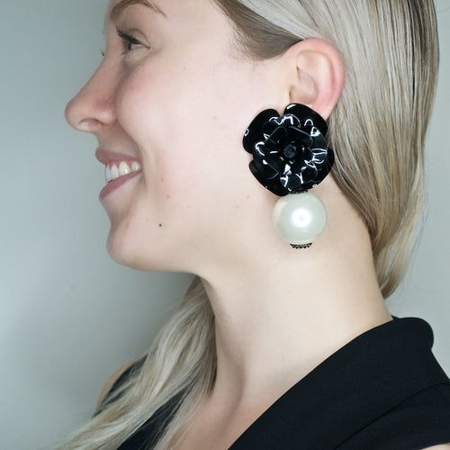 Dramatic Leather Flower with Swarovski Pearl Pendant Earrings by DUBLOS