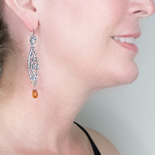 Silver Filigree Mold and Amber Drop Earrings