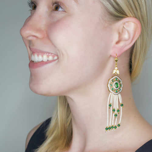 Ottoman Inspired Emerald and Pearl Earrings from Turkey