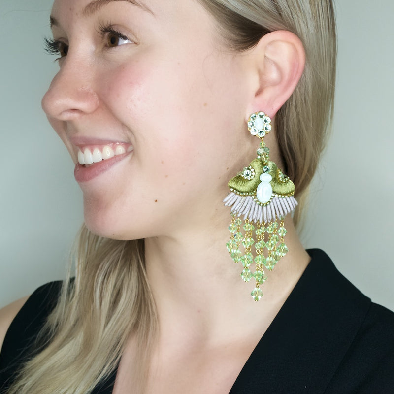 Exquisite Silk Chandelier Pendant Earrings by DUBLOS - Light Green