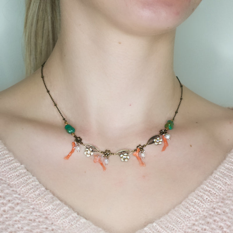 Delicate Flower and Coral Colored Resin Necklace by Eric et Lydie