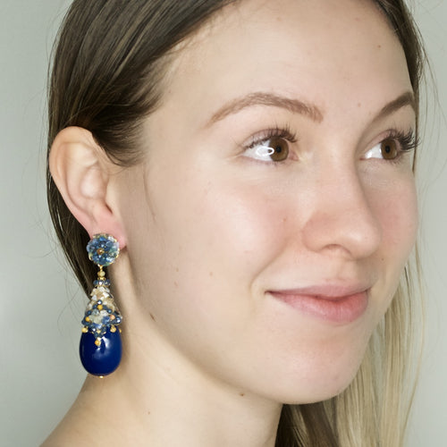 Blue Crystal Flower Drop Earrings by DUBLOS