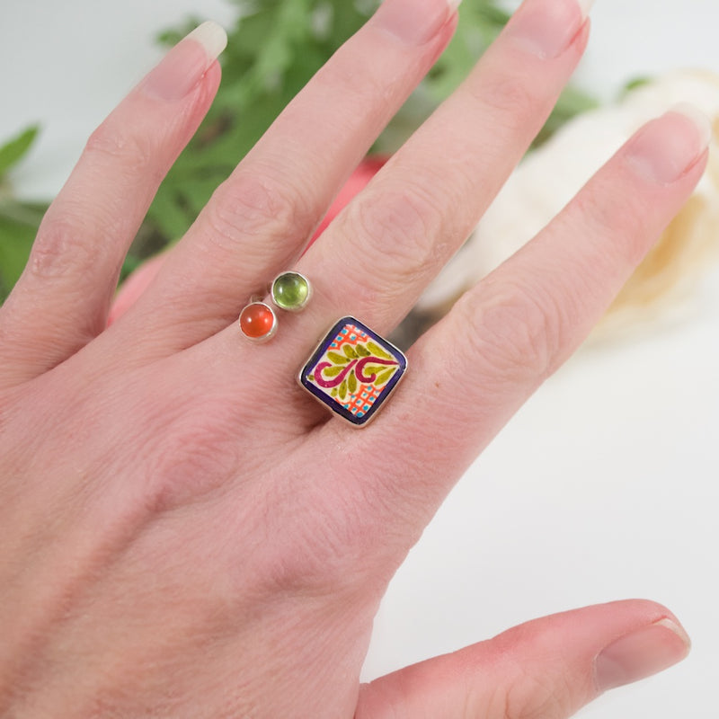 Hand Painted Talavera and Sterling Silver Ring - Adjustable