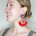 Red and Blue Embroidered Heart Fan Earrings