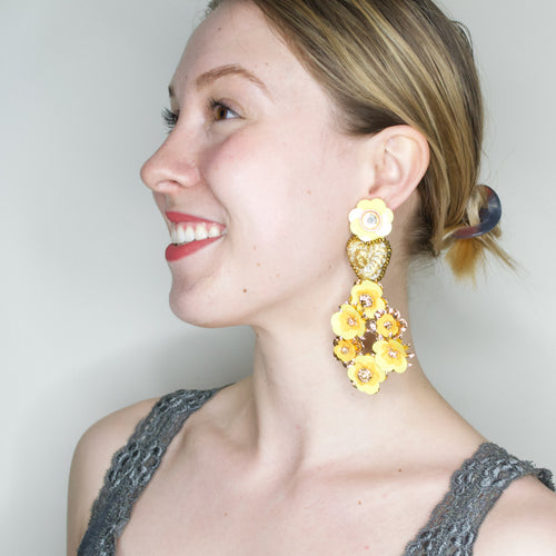 Yellow Embroidered Heart and Flower Mexican Earrings