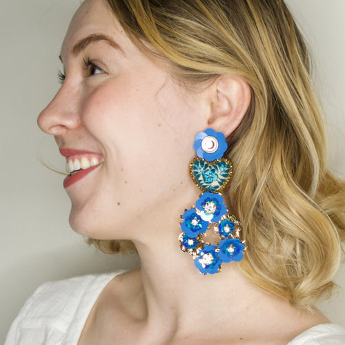 Blue Embroidered Heart and Flower Mexican Earrings