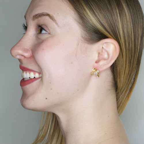 Bejeweled Gold Flower and Pearl Post Earrings by Eric et Lydie- White