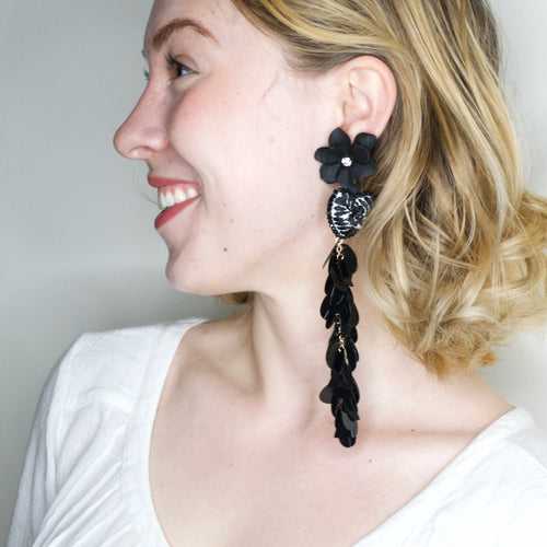 Long Black Embroidered Heart and Flower Mexican Earrings