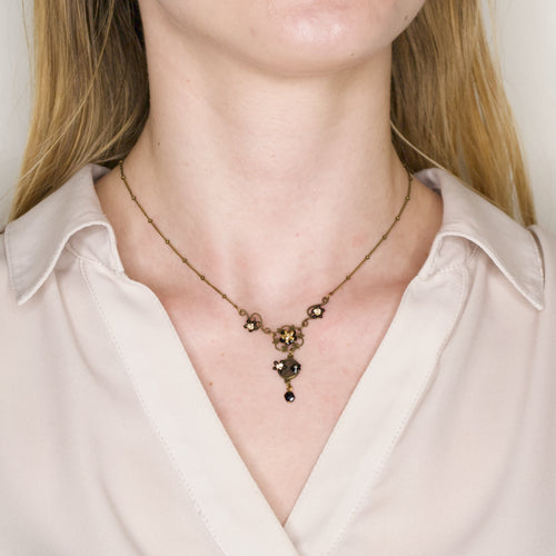 Tudor Rose Antique Brass and Onyx Drop Pendant Necklace by Eric et Lydie