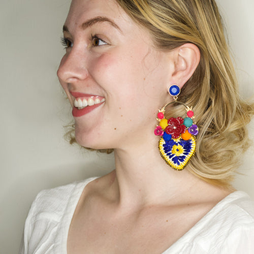 Colorful Flower and Embroidered Heart Drop Earrings