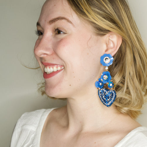 Flower and Blue Embroidered Heart Mexican Earrings