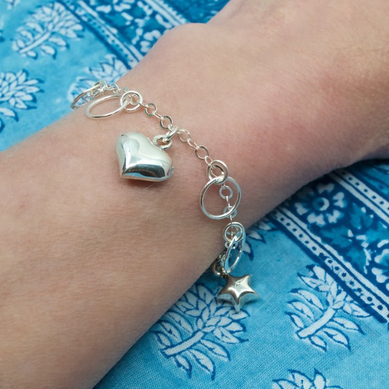 Silver Heart and Star Charm Bracelet from Taxco, Mexico