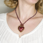 Beautiful Burgundy Embroidered Heart Mexican Drop Necklace