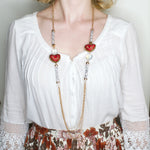 Long Gold and Crystal Embroidered Heart Necklace