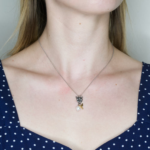 Bumbling Bee, Flower and Pearl Pendant Necklace by Eric et Lydie