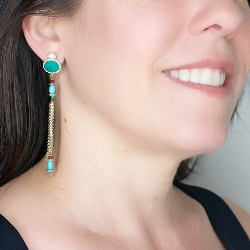 Turquoise and Swarovski Crystal Tassel Earrings by Satellite Paris