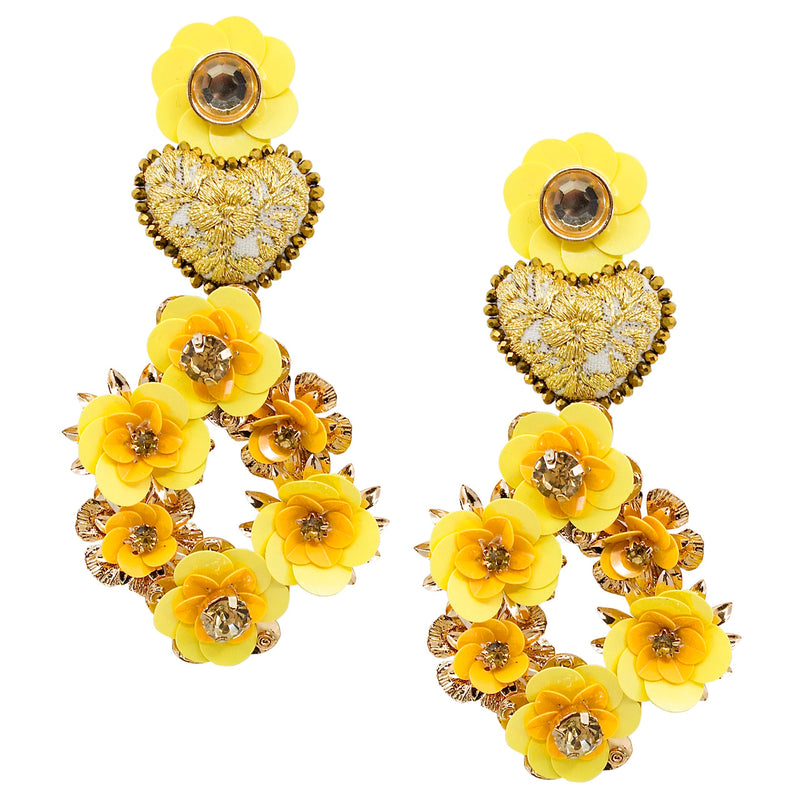 Yellow Embroidered Heart and Flower Mexican Earrings