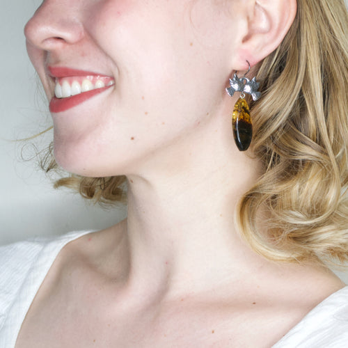 Silver Lovebird Drop Earrings with Amber Pendants