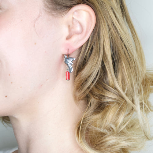 Sterling Silver Bird with Coral Drop Earrings