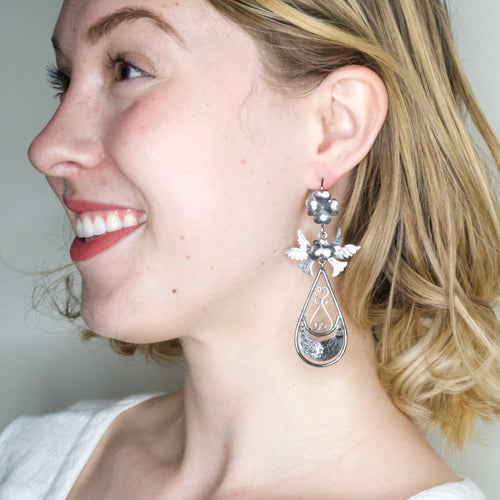 Etched Birds and Flowers Frida Kahlo Earrings