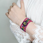 Playful Multicolored Embroidered Frida Kahlo Image Mexican Cuff Bracelet