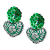 Silver and Green Bead and Embroidered Heart Mexican Earrings
