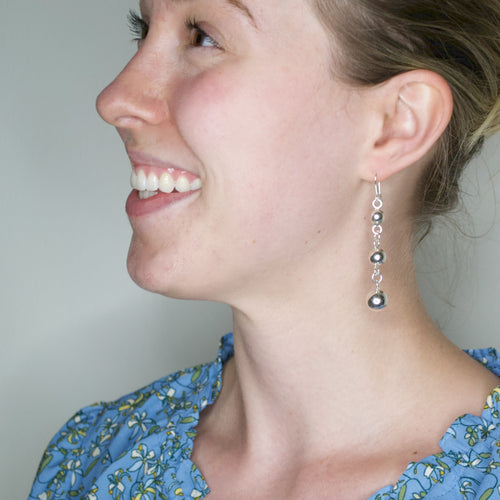 Spherical Solid Silver Long Drop Earrings from Taxco, Mexico