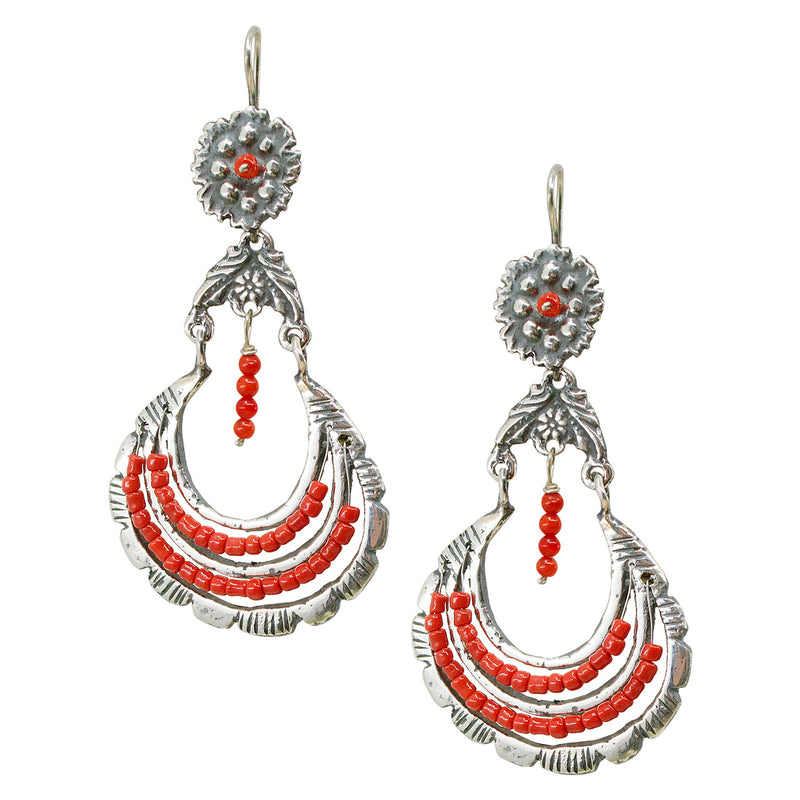 Molded Sterling Silver and Red Coral Drop Earrings