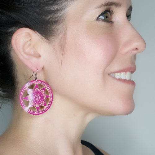 Hand Carved Gourd Drop Earrings - Magenta