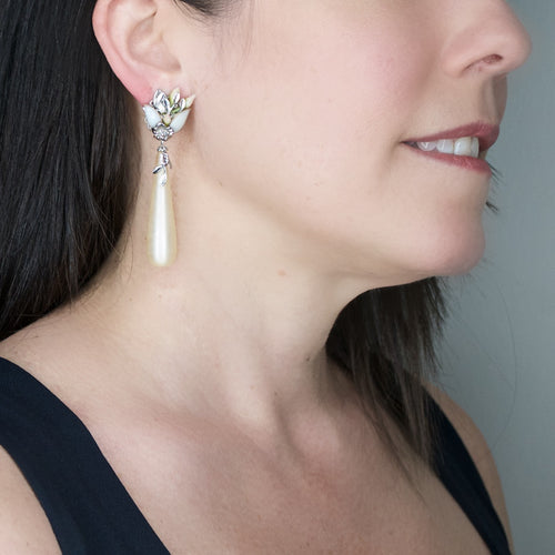 Ivory Cream Flower Drop Earrings by DUBLOS