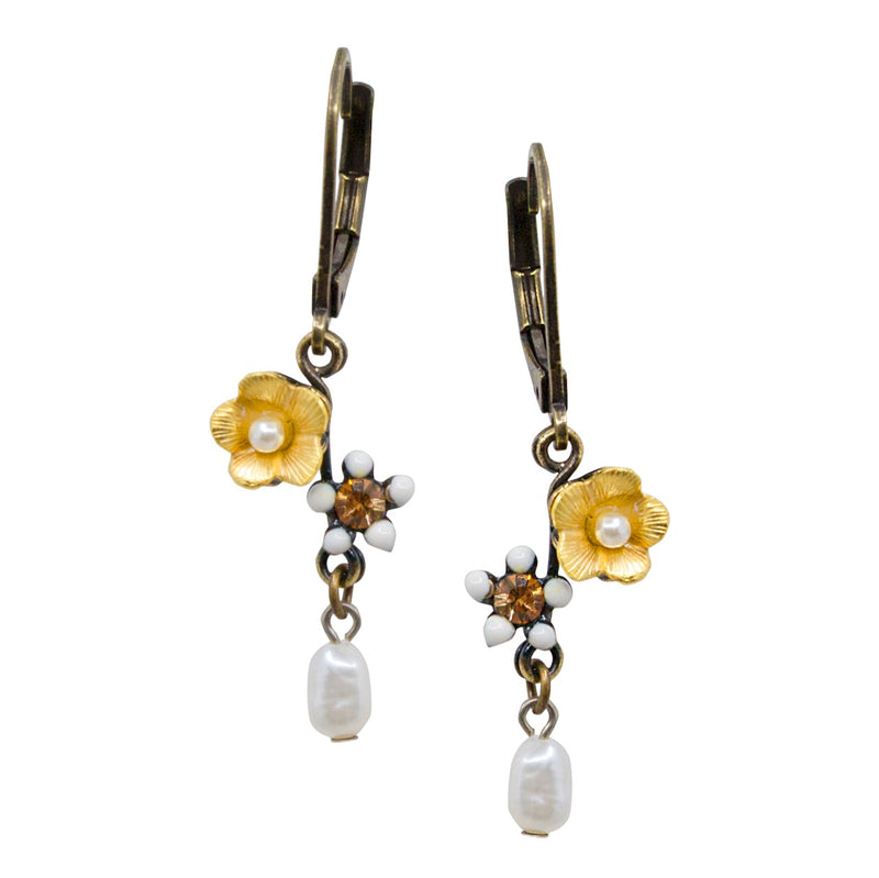 Golden Flower Drop Pearl Earrings by Eric et Lydie