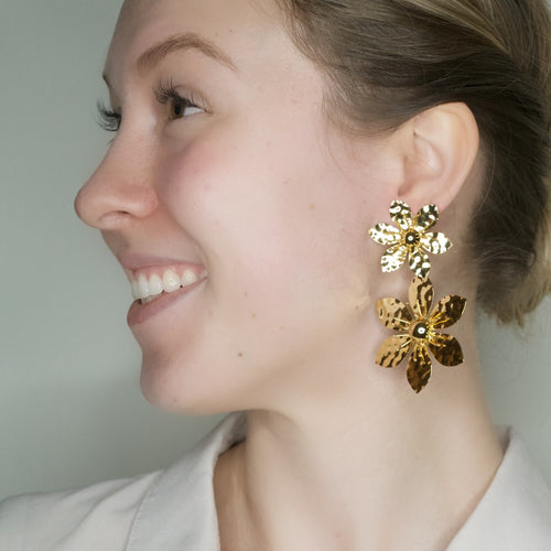 Golden Double Drop Flower Earrings