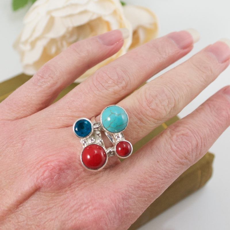 Turquoise and Coral Adjustable Silver Ring from Taxco, Mexico
