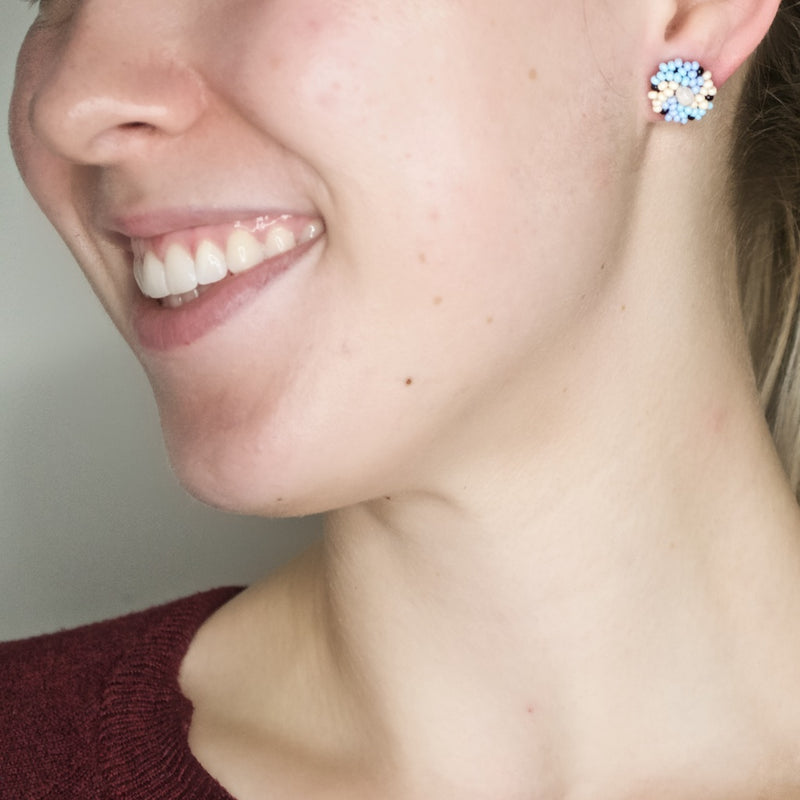 Hand Beaded Post Earrings - Light Blues