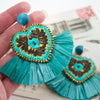Embroidered Heart with Fan Mexican Earrings - Teal